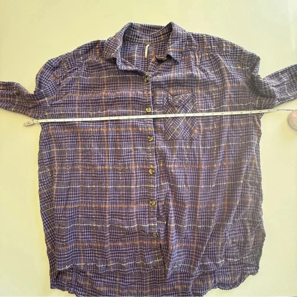 Free People- Lightweight-Purple-Metallic-Fall-Plaid- Button Up- Cotton-Women’s S - Picture 12 of 13